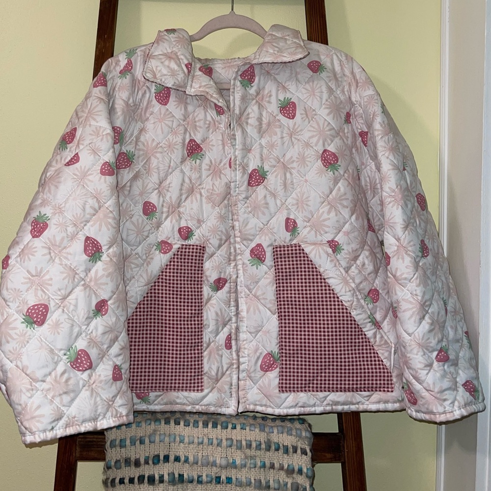 Handmade Upcycled Quilted Jacket Strawberry Print Boxy Fit